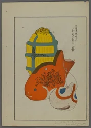 Japanse speelgoed, uit Unai no tomo (Vrienden van een kind) door Shimizu Seifu, 1891-1923. Vis, rammelaar.